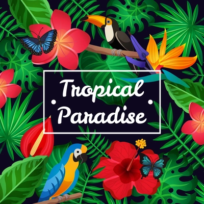 Flat design tropical paradise frame with amazing exotic flowers birds and butterflies vector illustration