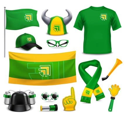 Sports fans supporters 3d realistic mockup accessories collection in green yellow with hands point finger vector illustration