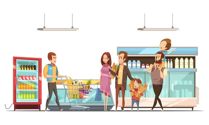 Fatherhood household work grocery shopping for family with kids in supermarket retro cartoon poster vector illustration