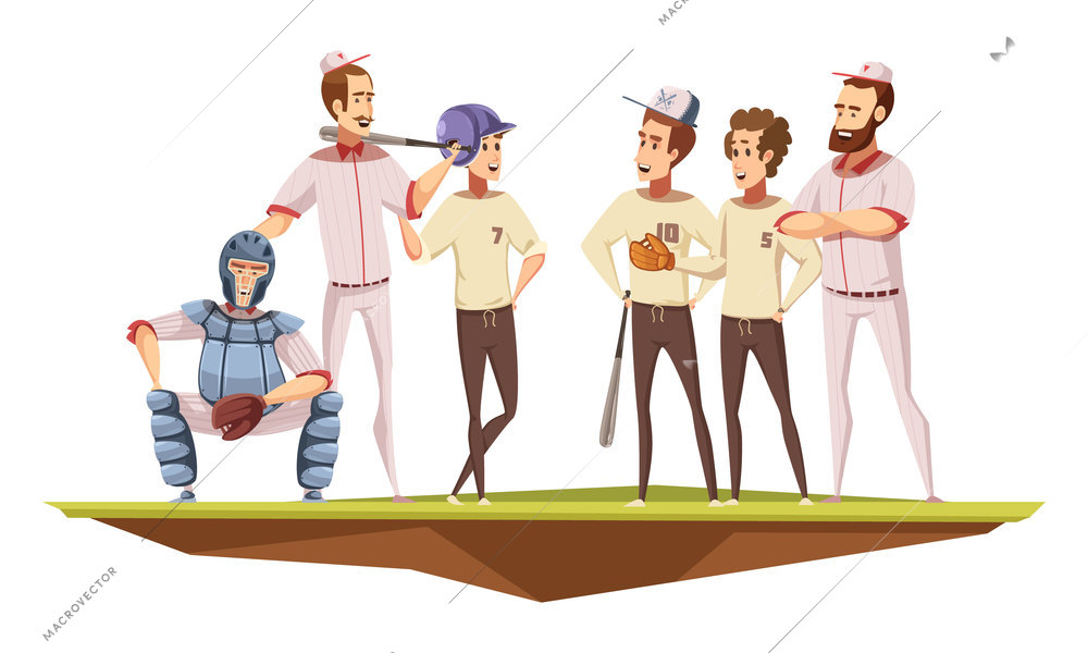 Teenage boys baseball team in uniform training discussion with coach on field poster retro cartoon vector illustration