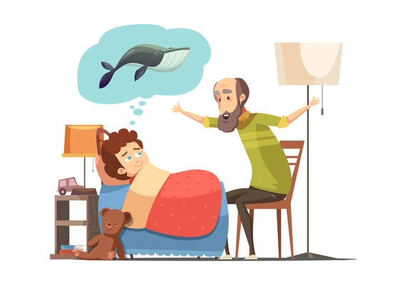 Old man senior character with beard tells his grandson bedtime fish story retro cartoon poster vector illustration