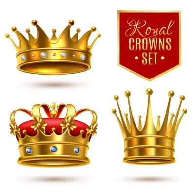 Colored realistic royal crown icon set with gold gems and red textile vector illustration