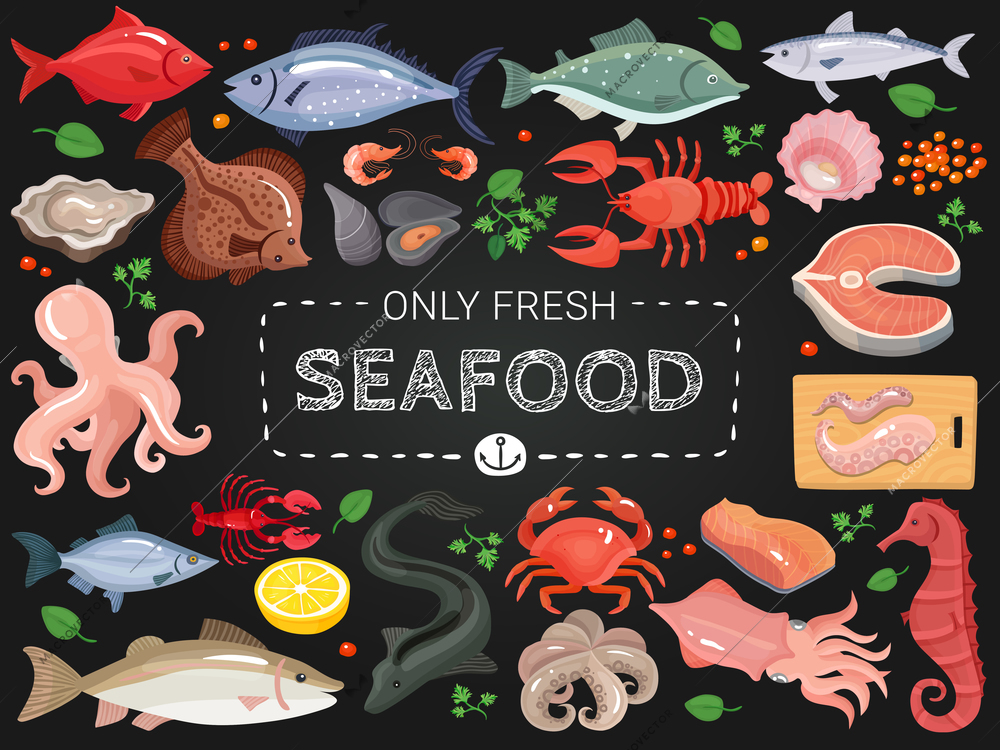 Seafood restaurant menu items colorful icons on black chalkboard with octopus salmon crab seahorse fish vector illustration