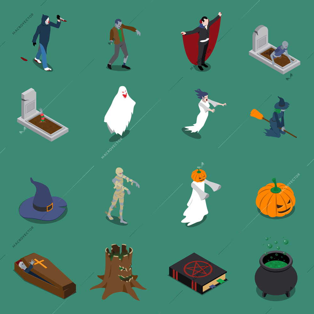 Monster halloween isometric icon set with elements and attributes of scariest day of all year vector illustration