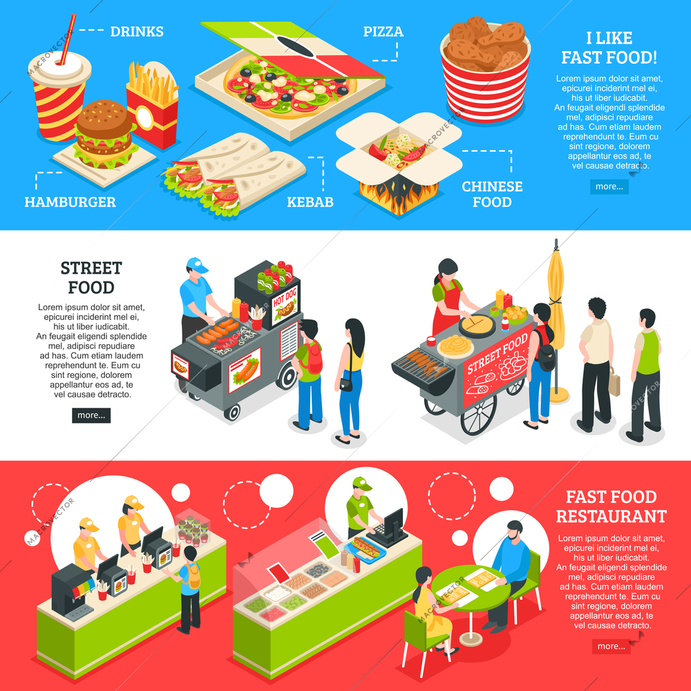 Fast food restaurants streets mobile carts and home delivery orders menu 3 isometric horizontal banners vector illustration