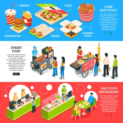 Fast food restaurants streets mobile carts and home delivery orders menu 3 isometric horizontal banners vector illustration