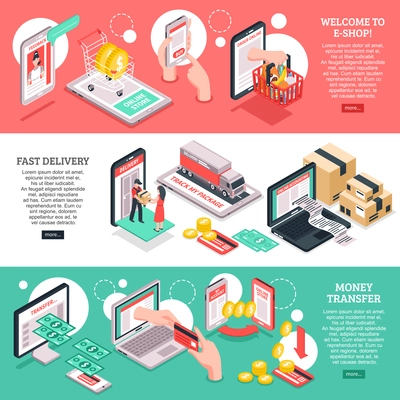 E-commerce online shop webpage 3 isometric banners design with payments and delivery options isolated vector illustration
