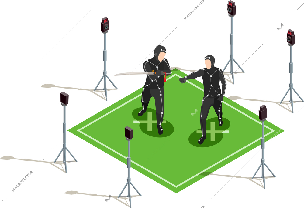 Two actors in black costumes with sword isometric cinematograph composition 3d vector illustration