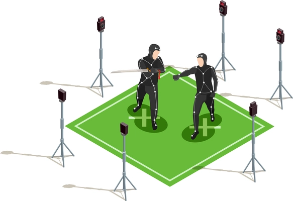 Two actors in black costumes with sword isometric cinematograph composition 3d vector illustration