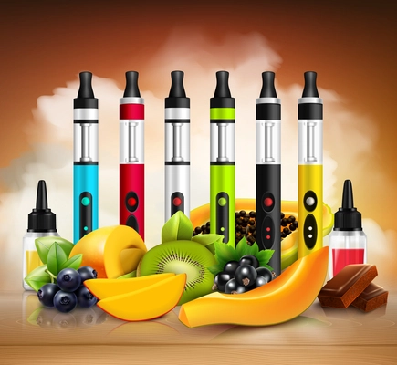 Colorful vaping electronic cigarettes and various fruit on wooden surface realistic vector illustration