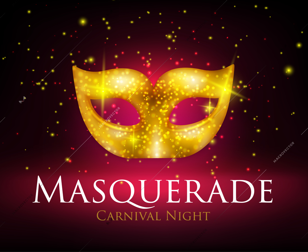 Beautiful sparkling golden carnival mask on dark background realistic vector illustration