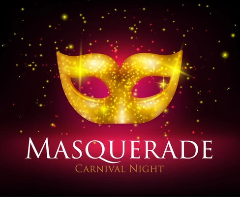 Beautiful sparkling golden carnival mask on dark background realistic vector illustration