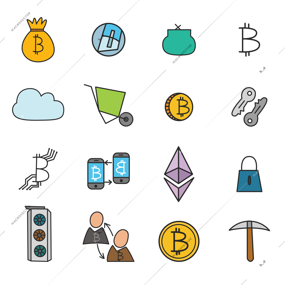 Cryptocurrency set of doodle icons with bitcoin and ethereum, wallet, mining elements, transaction security isolated vector illustration