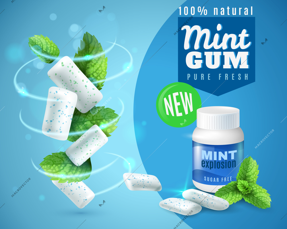 Realistic mint gum poster with swirl of chewing pads and green leaves on blue background vector illustration