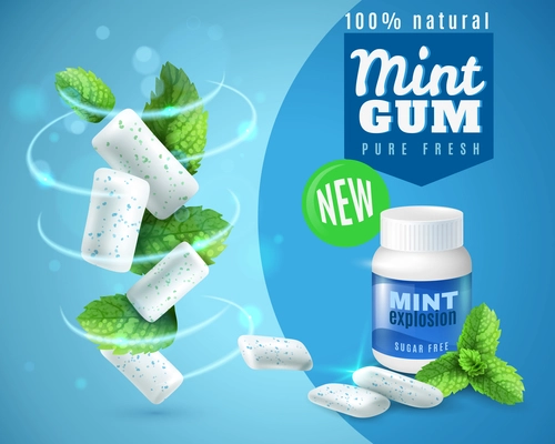 Realistic mint gum poster with swirl of chewing pads and green leaves on blue background vector illustration