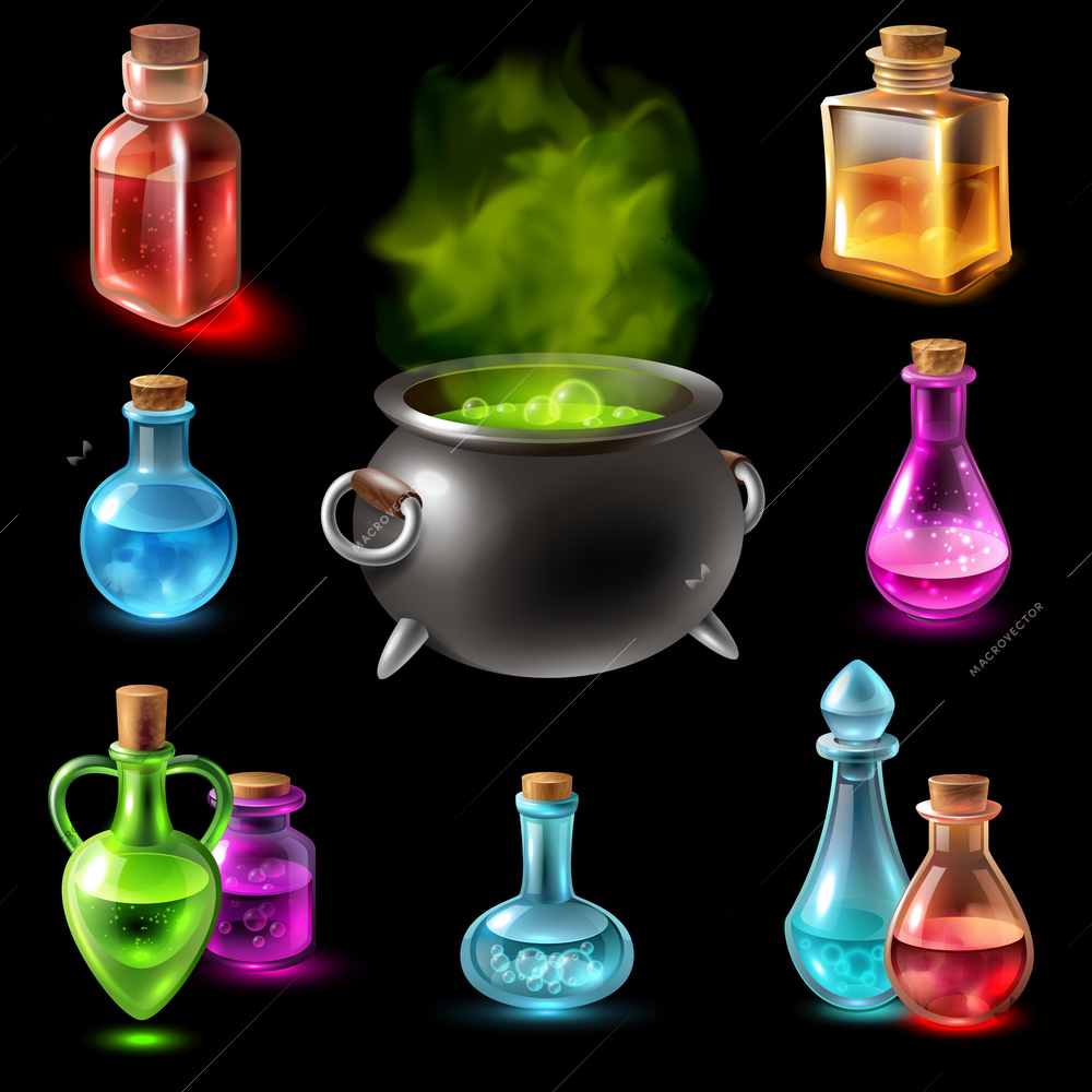 Potion pot cauldron collection with isolated images of colourful glass tubes and flasks with big potty vector illustration