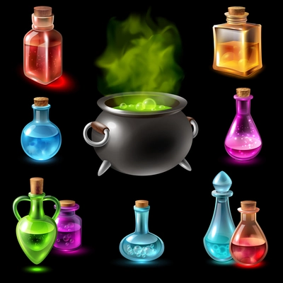 Potion pot cauldron collection with isolated images of colourful glass tubes and flasks with big potty vector illustration