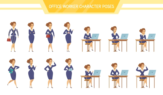 Female office worker poses talking on cell phone sitting at computer with tablet cartoon characters set vector illustration