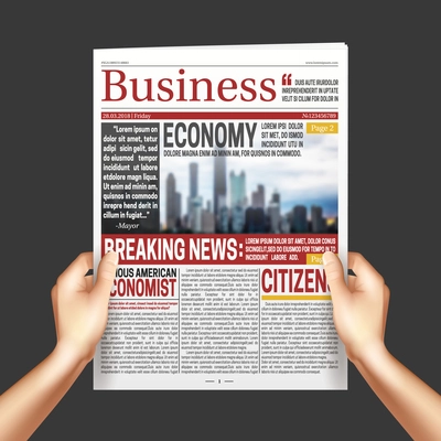 Reading International economy business news poster with hands holding newspaper on dark background realistic vector illustration