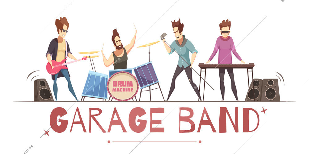 Open air festival garage band performance retro cartoon banner with singer guitarist drummer and amplifiers vector illustration