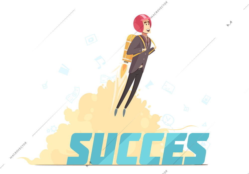 Business startup launch success symbolic retro cartoon poster with young red haired businesswoman rocketing upwards vector illustration