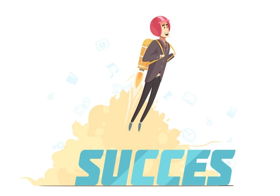 Business startup launch success symbolic retro cartoon poster with young red haired businesswoman rocketing upwards vector illustration