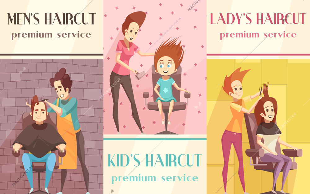 Barbershop vertical banners set with men lady and kids haircut symbols flat isolated vector illustration