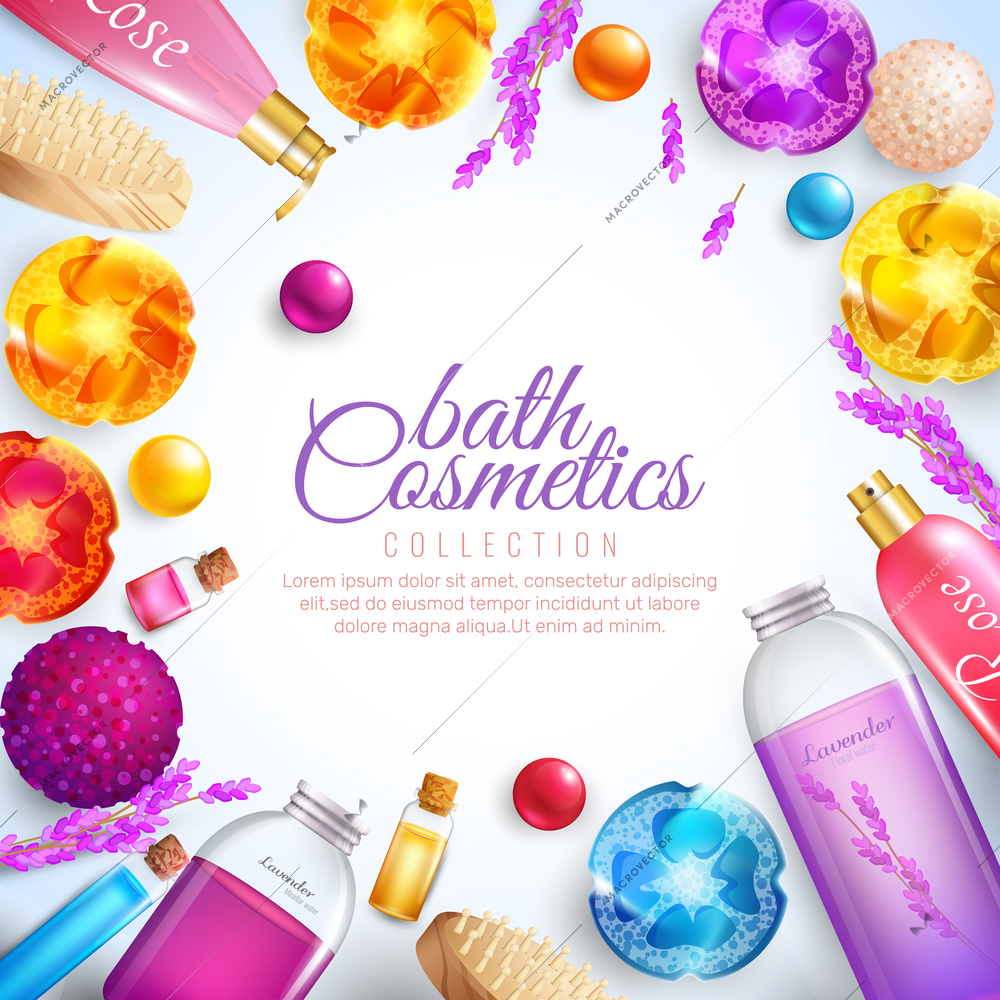 Bath cosmetics concept with soap shampoo and foam cartoon vector illustration