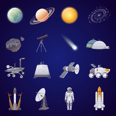 Space exploration flat icons set  lunar rover artificial satellite astronaut comet spaceship isolated vector illustration