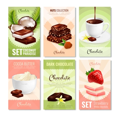 Set of six cocoa product cards with different types of chocolate cocoa sweets and filler images vector illustration