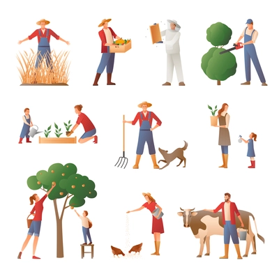 Set of flat icons with people in farming including beekeeper, gardener, agrarian with harvest isolated vector illustration