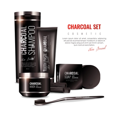 Charcoal cosmetics in black packaging including toothpaste, mask, shampoo, hard soap on white background 3d vector illustration