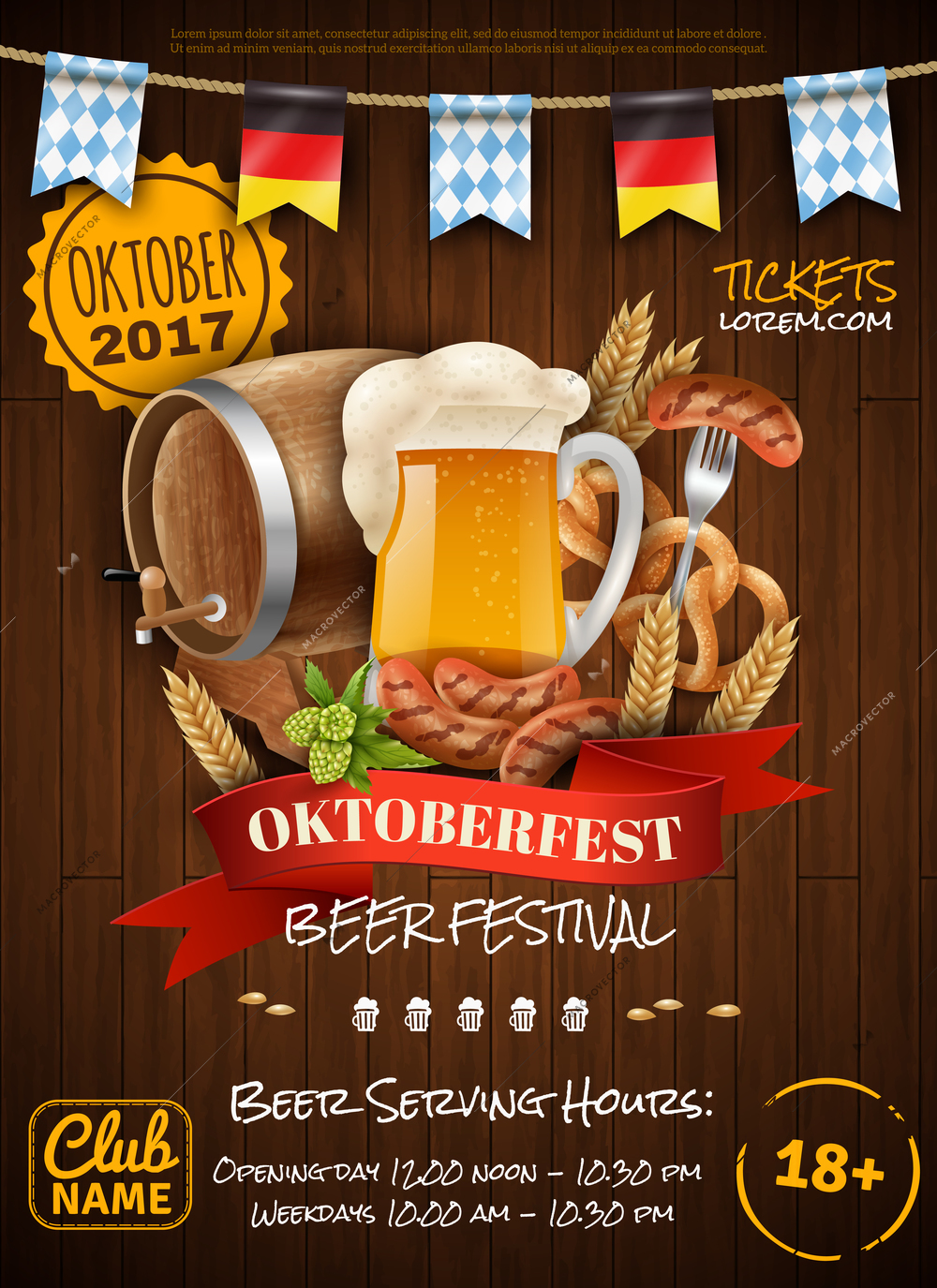 Festive oktoberfest poster with beer barrel sausages wheat mug and party flags on wooden background vector illustration