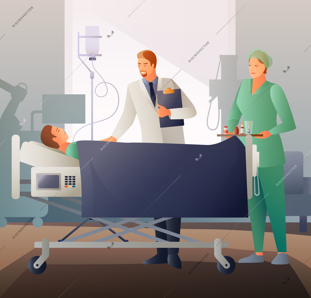 Doctor and nurse with medication near bed with sick in hospital ward flat composition vector illustration