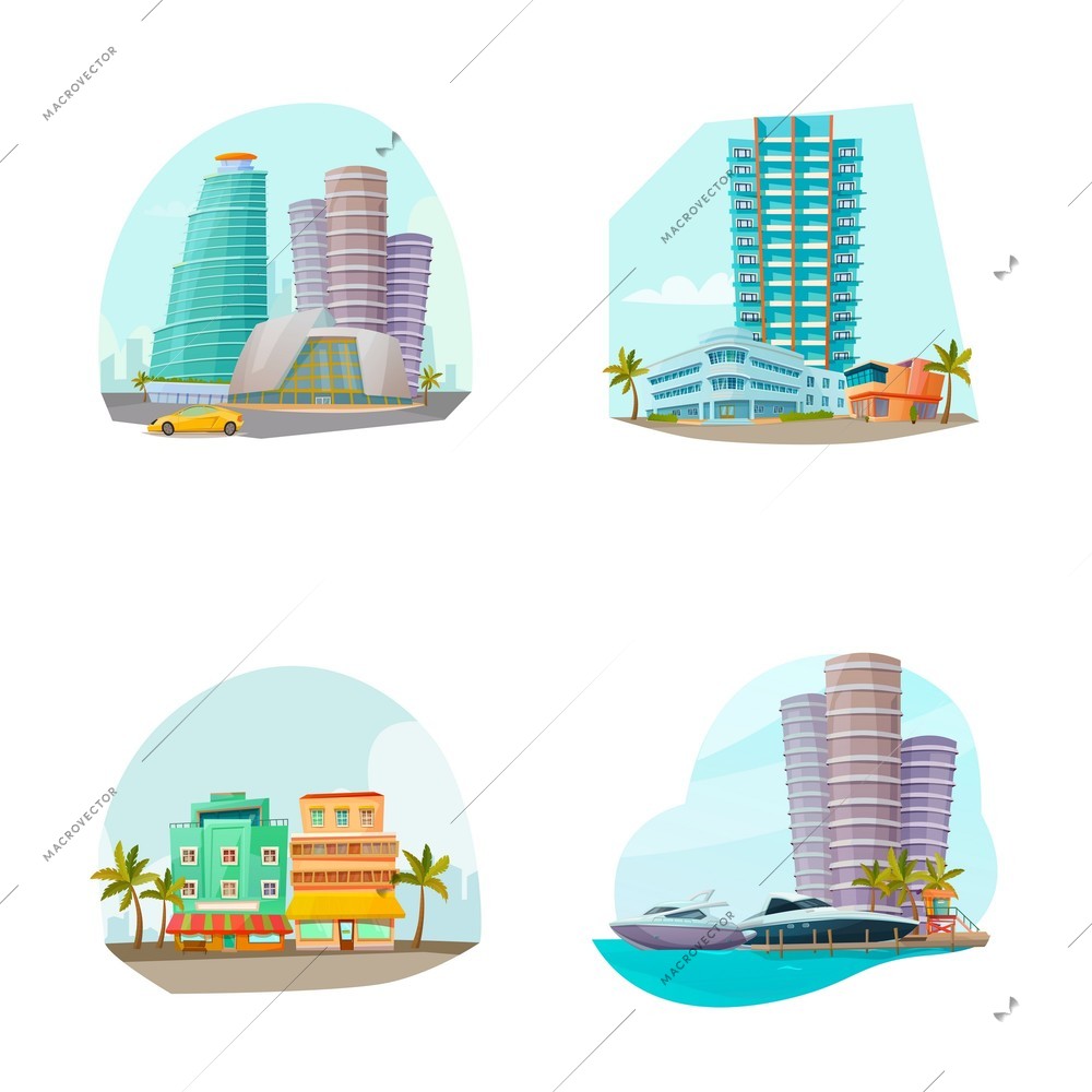 Miami cityscape 4 famous landmarks icons composition with beach resort area and towers isolated cartoon vector illustration