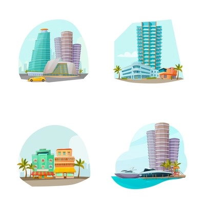 Miami cityscape 4 famous landmarks icons composition with beach resort area and towers isolated cartoon vector illustration