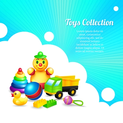 Decorative kids toys composition collection of ball pyramid truck rattle vector illustration