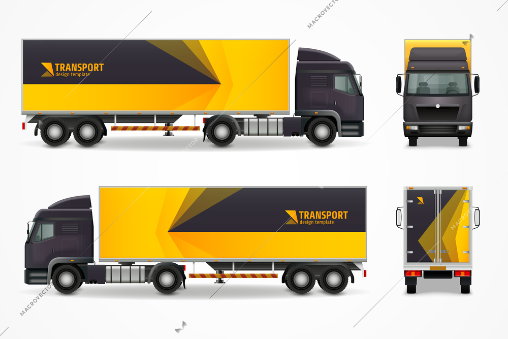 Realistic cargo vehicle mockup with front, side and rear view, yellow black ad design vector illustration