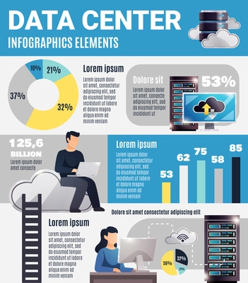 Flat design infographics presenting information about data center and network engineering vector illustration