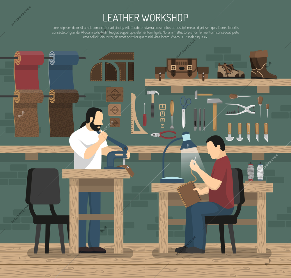 Skinners working with leather in workshop interior with tools and skin goods flat vector illustration