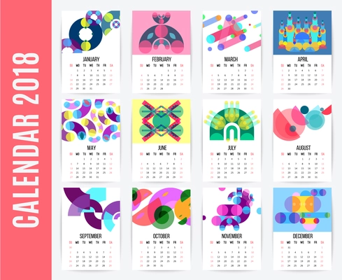 Geometric shapes calendar design template with different pages for each month and memphis style artwork compositions vector illustration