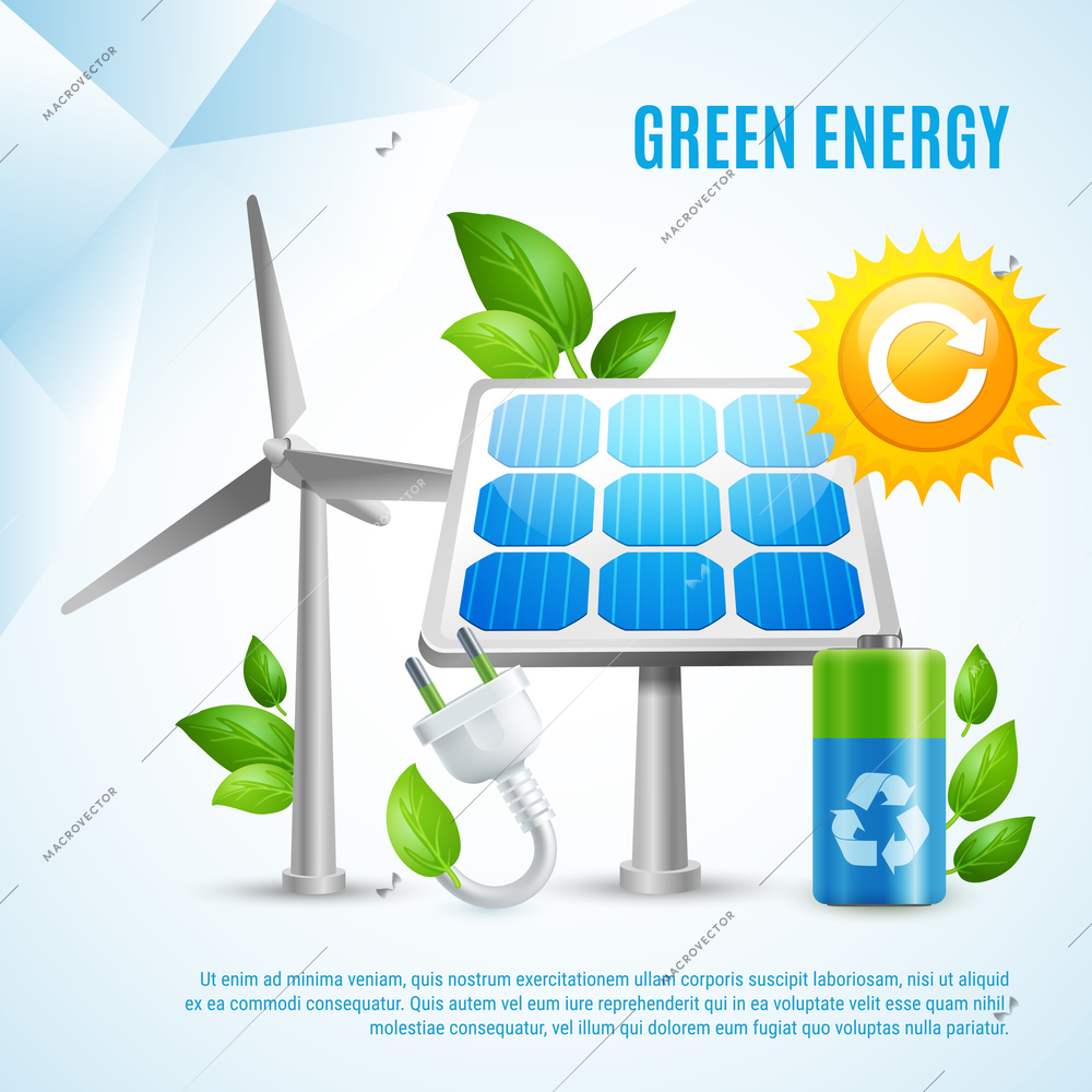 Green energy design concept with wind turbines solar panels green leaves recycling symbols realistic vector illustration