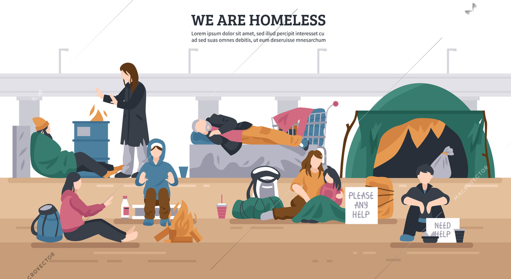 Colored and flat homeless people horizontal background with we are homeless descriptions vector illustration
