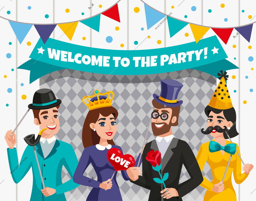 Colored carnival photo booth party people composition with welcome to the party headline or transparent vector illustration