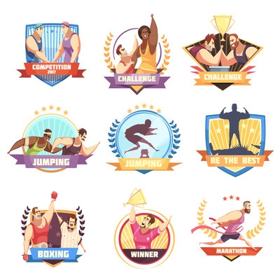 Competition label set of nine flat isolated sports challenge emblems with human athlete characters and signs vector illustration