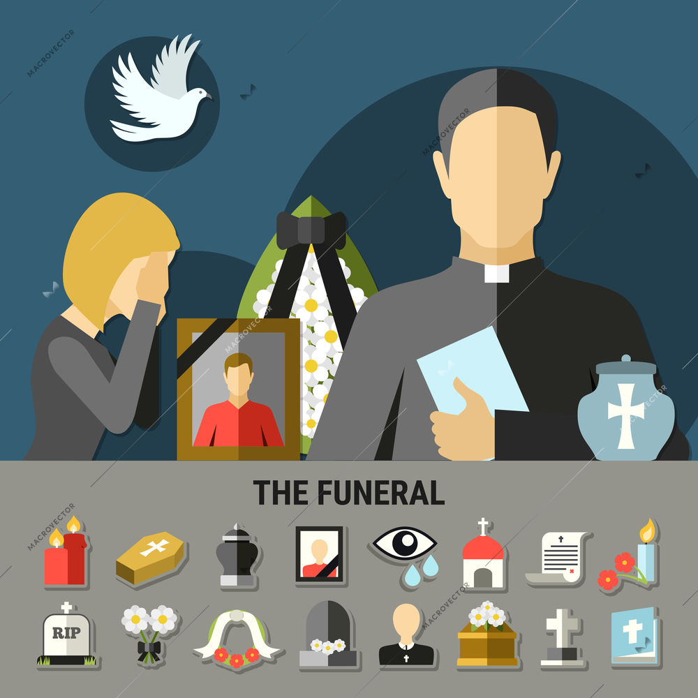 Funeral and mourning composition with wreath tomb and priest flat vector illustration