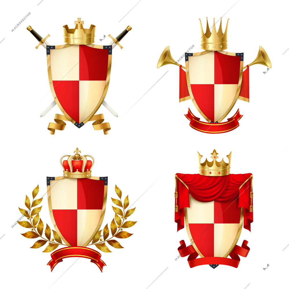 Heraldic shields realistic set with ribbons and crowns isolated vector illustration