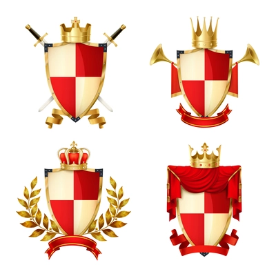 Heraldic shields realistic set with ribbons and crowns isolated vector illustration