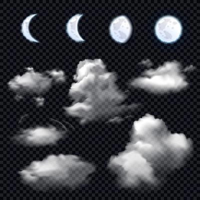 Realistic set of four phases of moon and different cloud shapes on transparent background isolated vector illustration