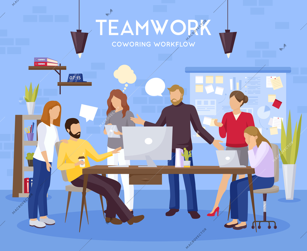 Teamwork background with coworking office workflow symbols flat vector illustration